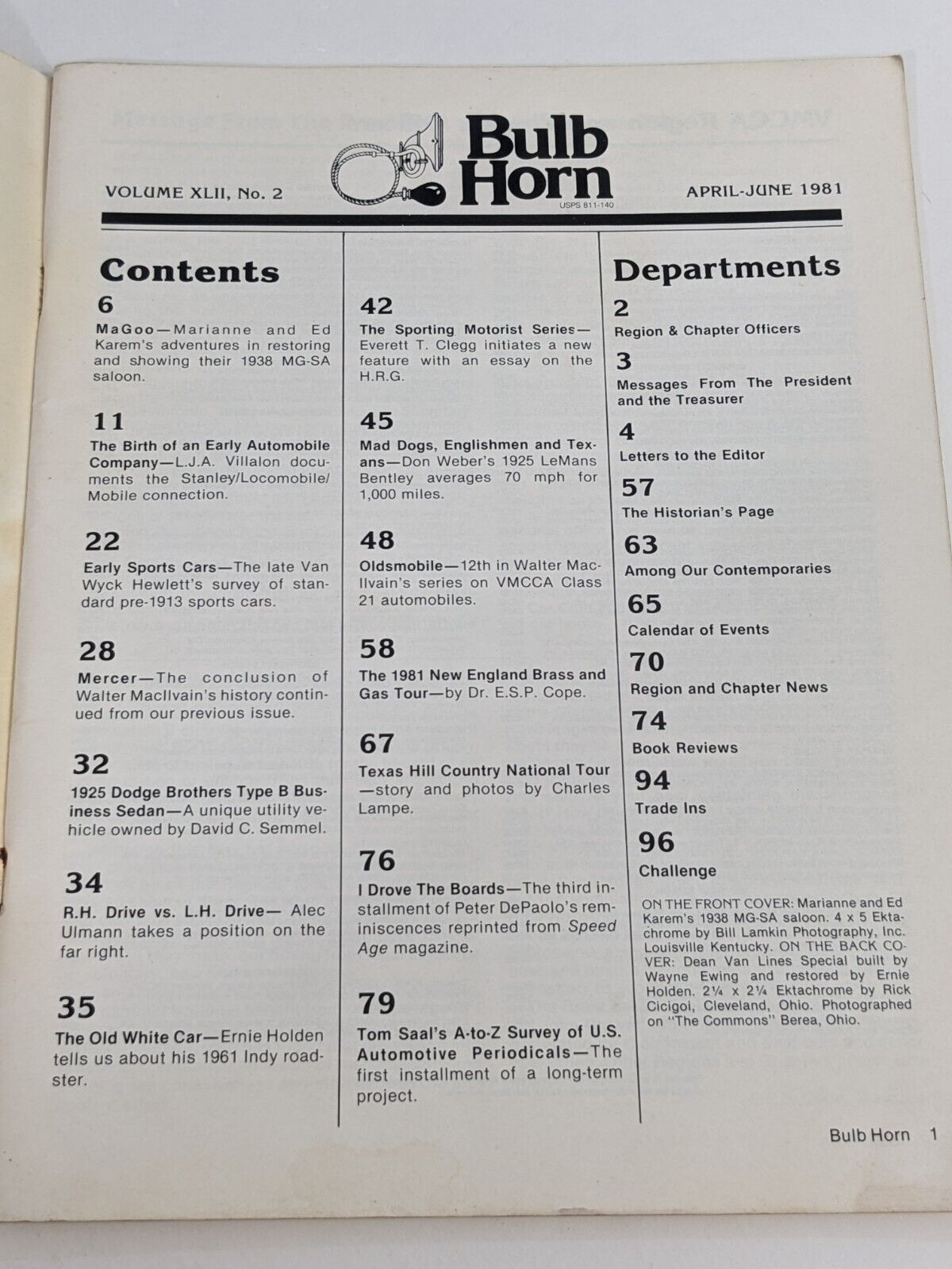 Bulb Horn Volume XLII No 2 April-June 1981 The Veteran Motor Club of America Inc