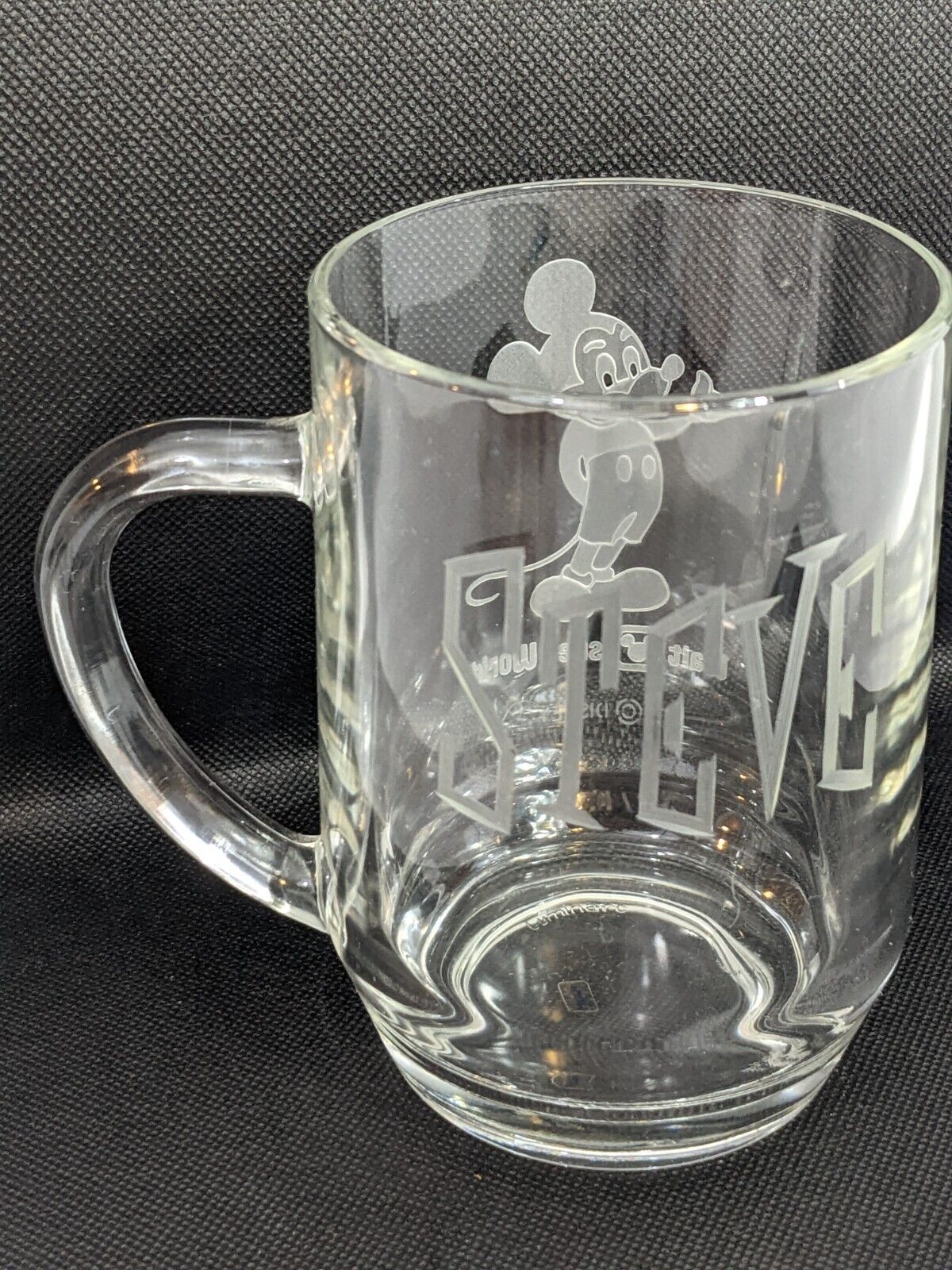 Walt Disney World Mickey Mouse Coffee Cup Mug Etched Glass Embossed Named Steve