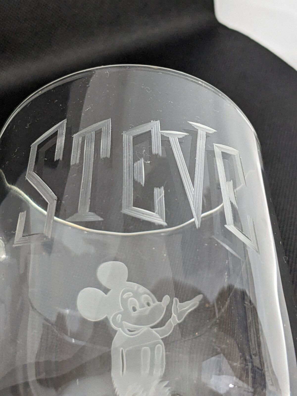 Walt Disney World Mickey Mouse Coffee Cup Mug Etched Glass Embossed Named Steve