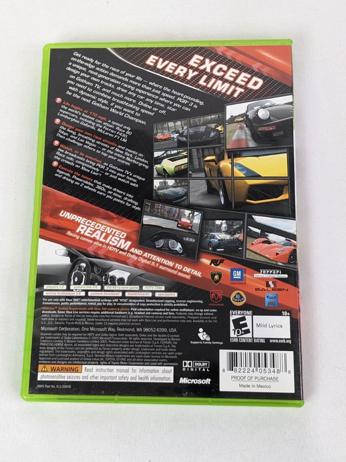 Microsoft XBOX 360 PGR Project Gotham Racing 3 Video Game Disc CASE and Manual