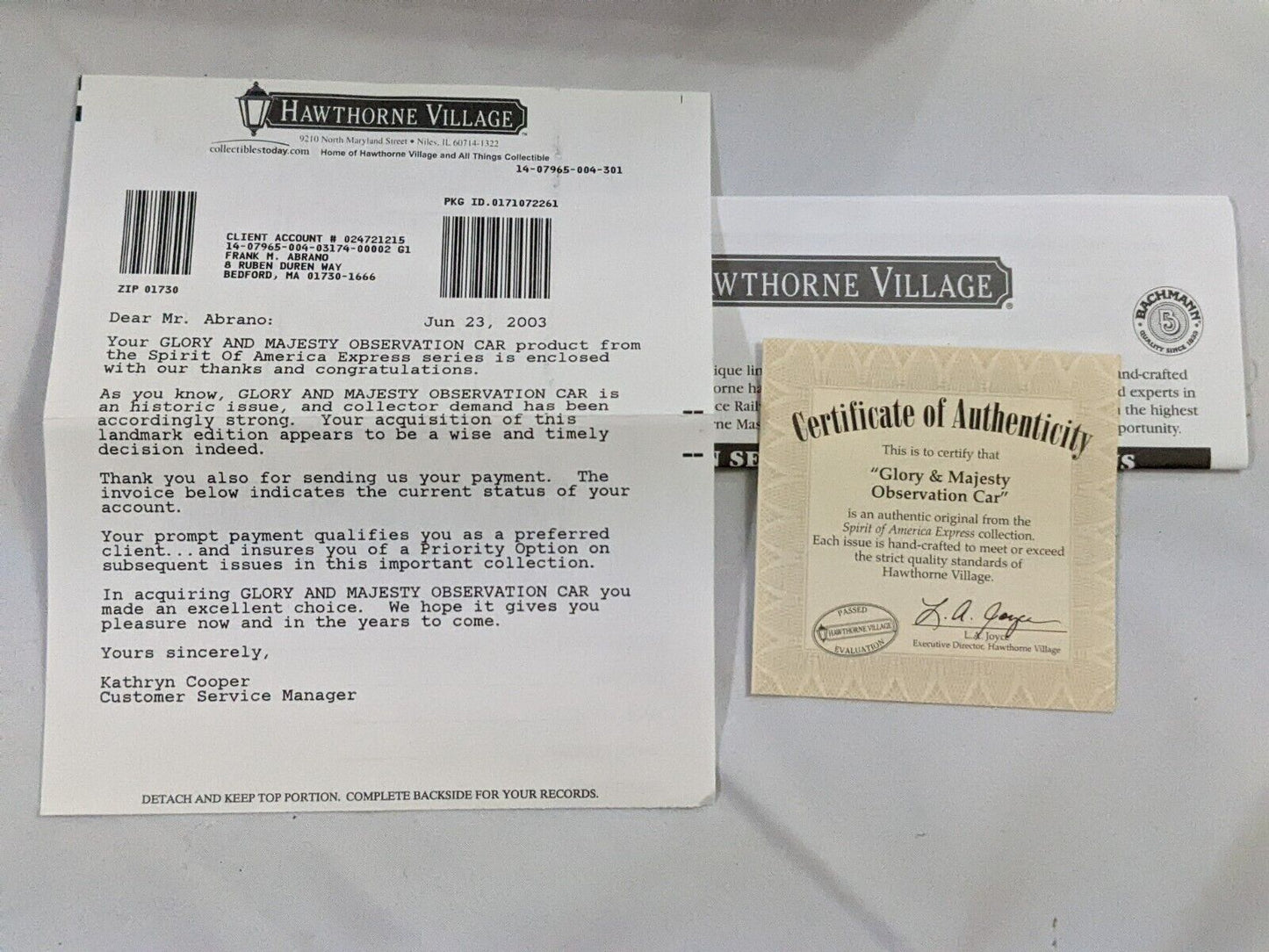 Hawthorne Village Glory & Majesty Observation Car w/ Certificate of Authenticity