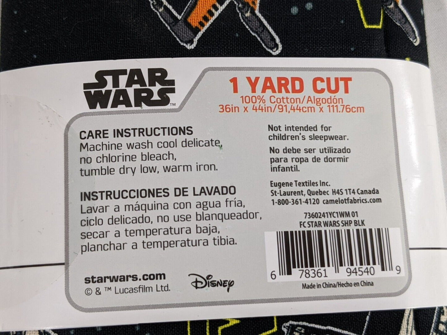 Disney Star Wars 1 Yard Cut Fabric 100% Cotton 36 x 44 inches Black 7360241YC1WM