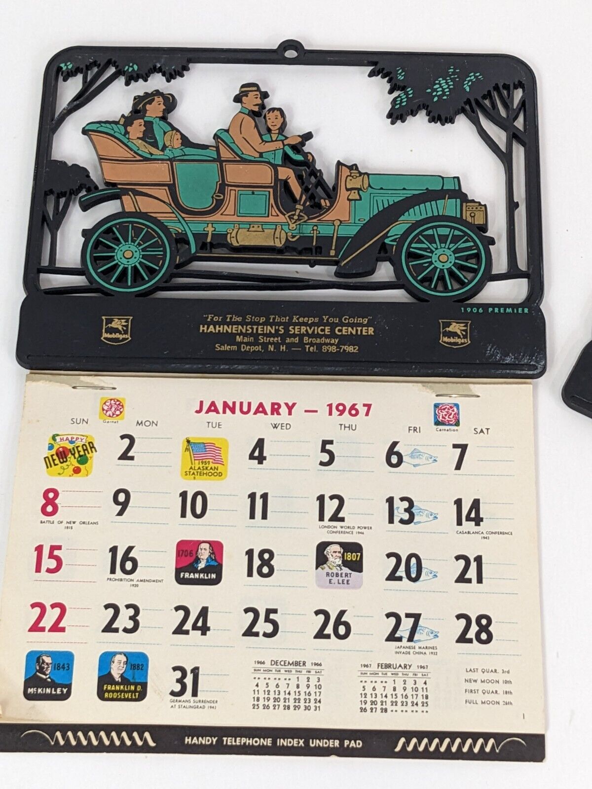 Vintage 1967 Hanging Calendar Hahnenstein's Service Center with 2 Holders