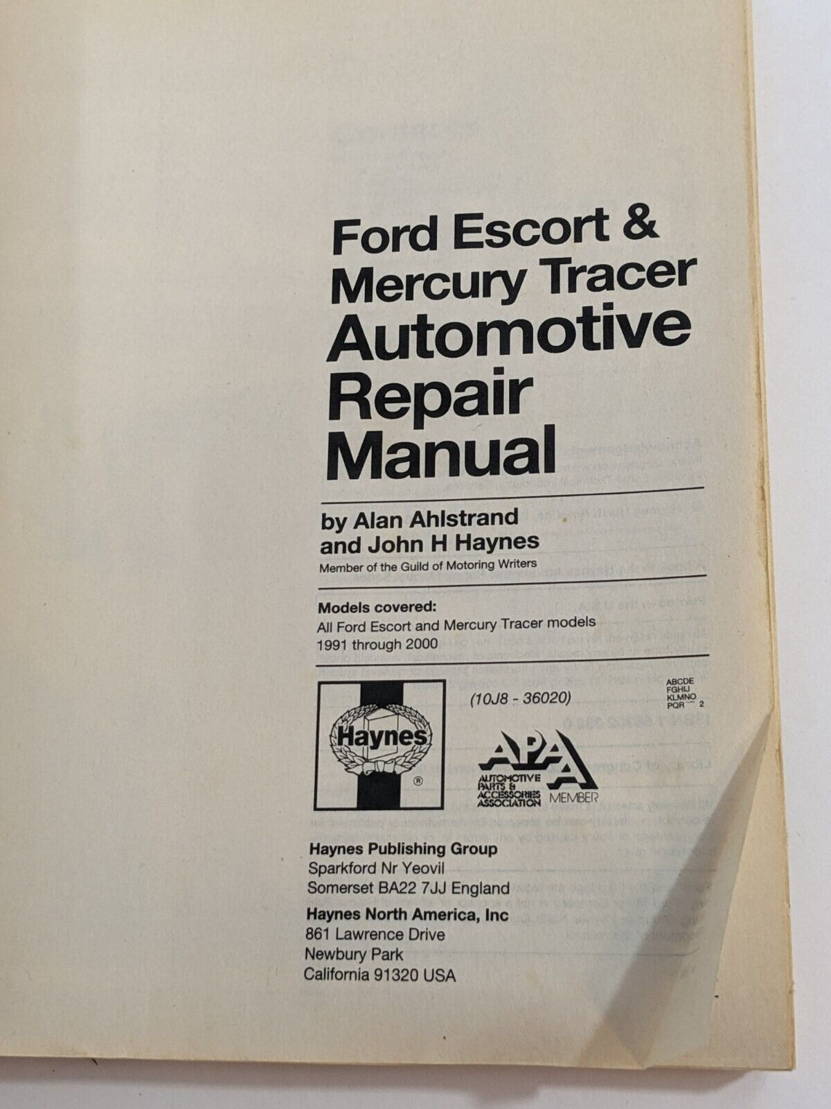 Haynes Repair Manual Ford Escort & Mercury Tracer 1991 thru 2000 Paperback