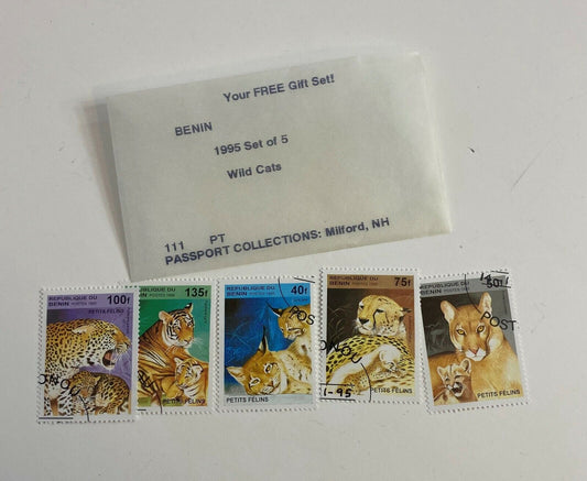 Benin 1995 Set of 5 Wild Cats Collectible Postage Stamps