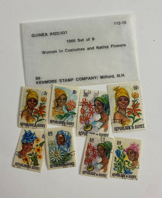 Guinea 1966 Set of 8 Women in Costumes and Native Flowers Postage Stamps