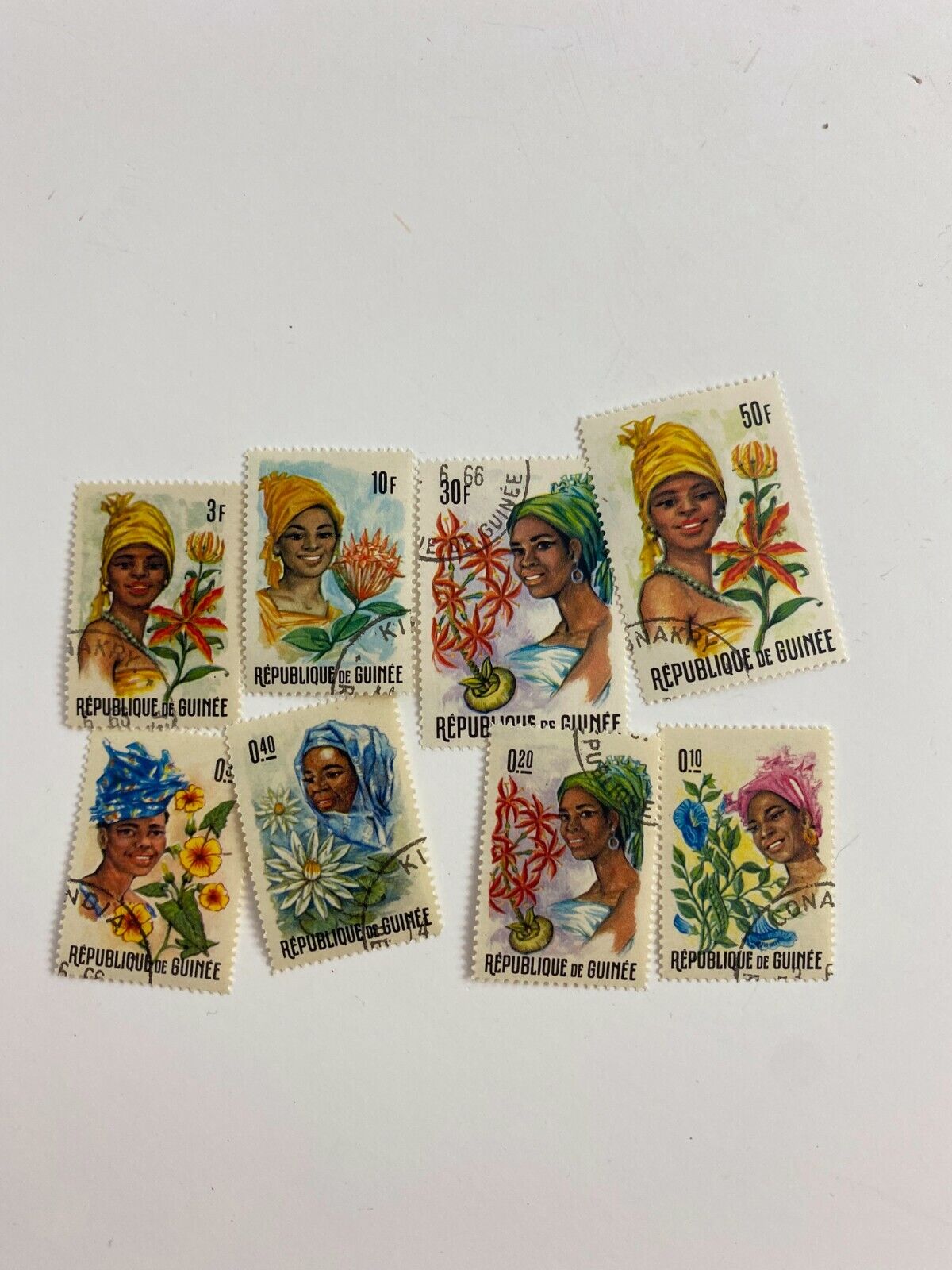 Guinea 1966 Set of 8 Women in Costumes and Native Flowers Postage Stamps