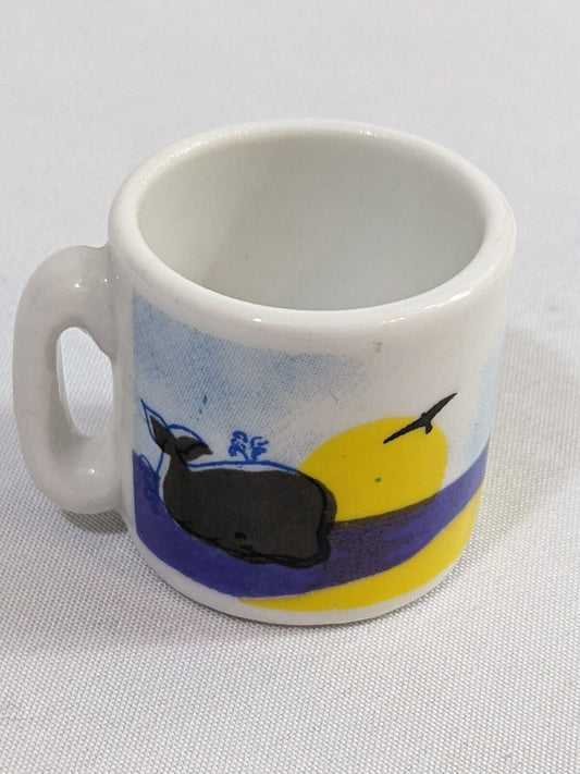 White Espresso Coffee Mini Mug Beach Life Whale Dolphin Birds Sun Graphics