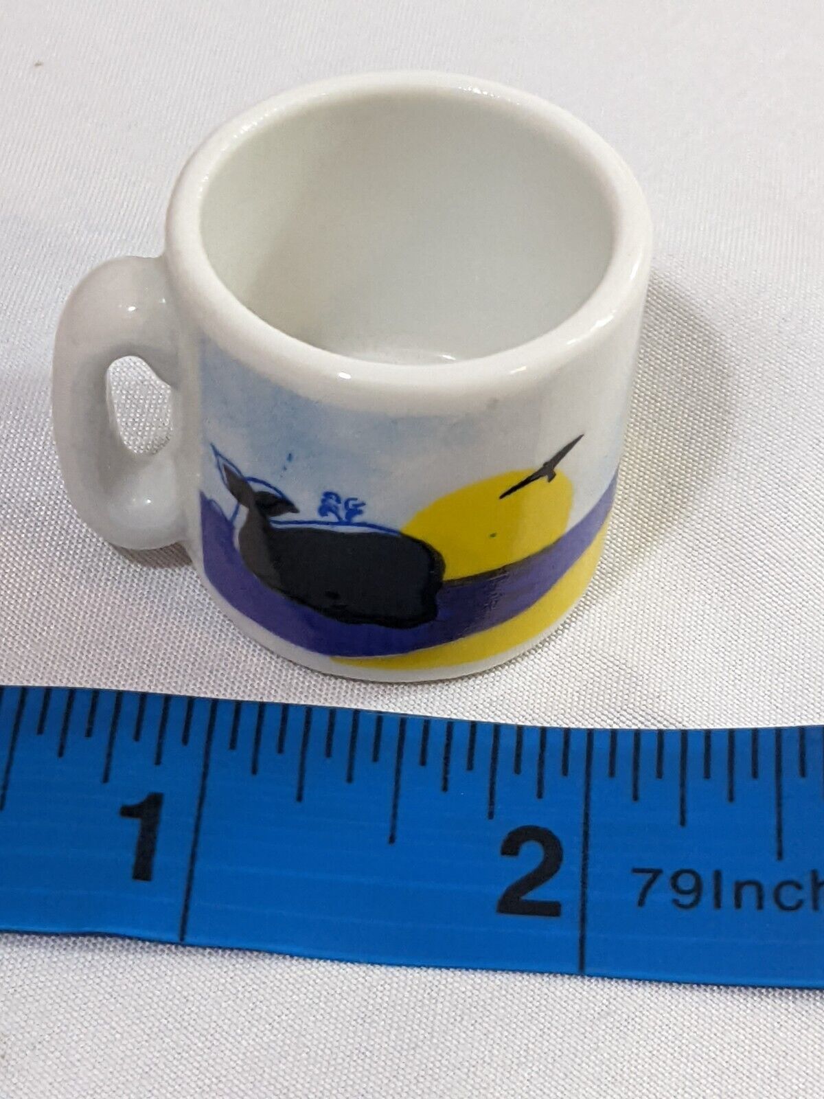 White Espresso Coffee Mini Mug Beach Life Whale Dolphin Birds Sun Graphics