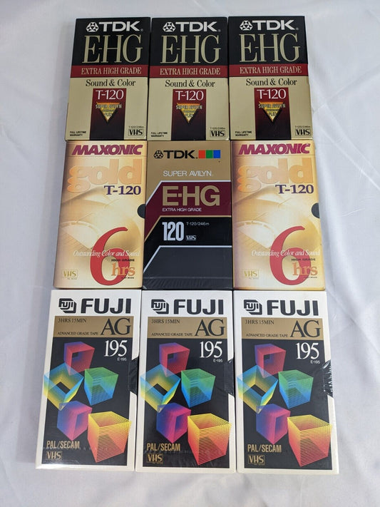 Lot of 9 Blank VHS Video Cassette Tapes TDK Maxonic Fuji Brands