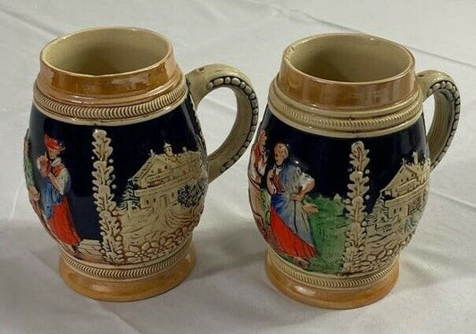 Lot of 2 German Style Ceramic Beer Stein Mug Novelty Vintage Collectible Small