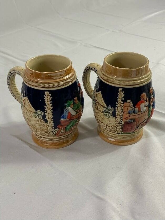 Lot of 2 German Style Ceramic Beer Stein Mug Novelty Vintage Collectible Small