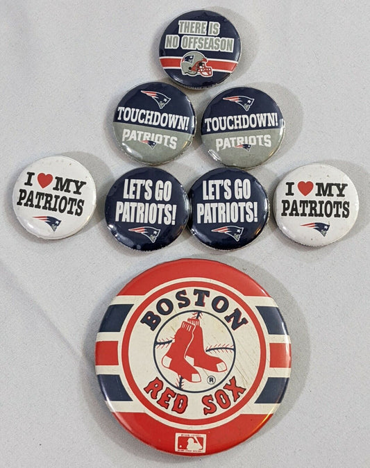 Lot of 8 Button Pin Badge NFL New England Patriots & MLB Boston Red Sox