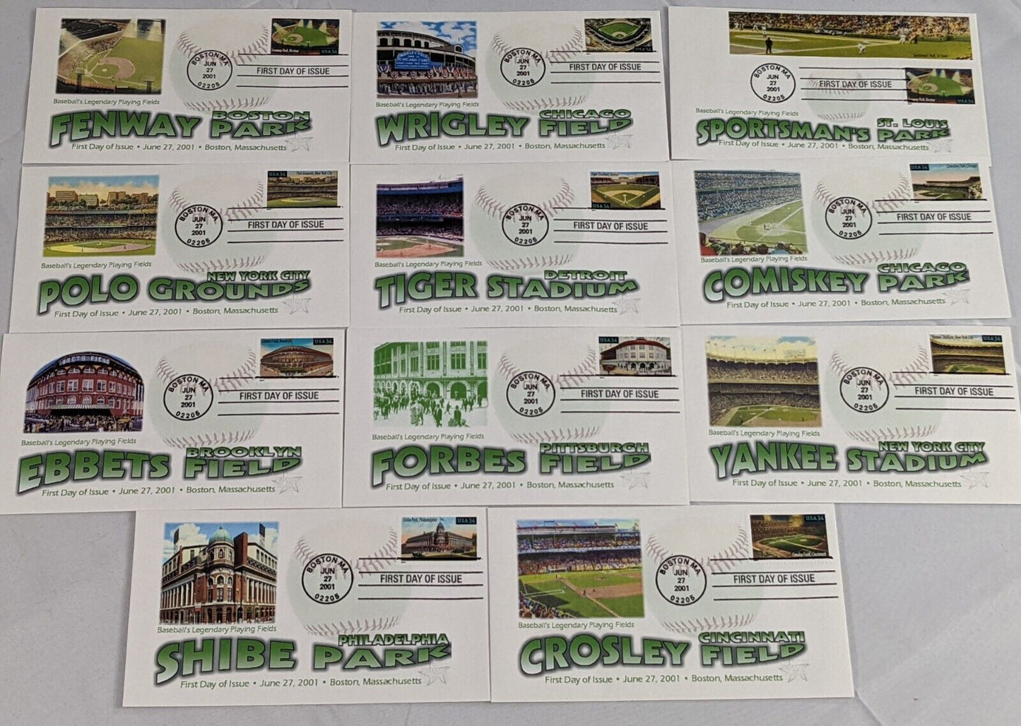 Lot of 11 Baseball's Legendary Playing Fields Collectible Postage Stamps Set