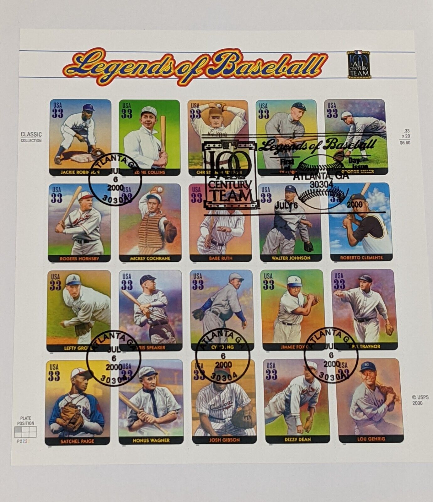 Legends of Baseball All Century Team Classic Collection Postage Stamps Set