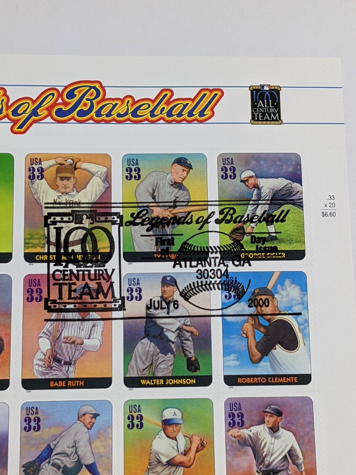 Legends of Baseball All Century Team Classic Collection Postage Stamps Set