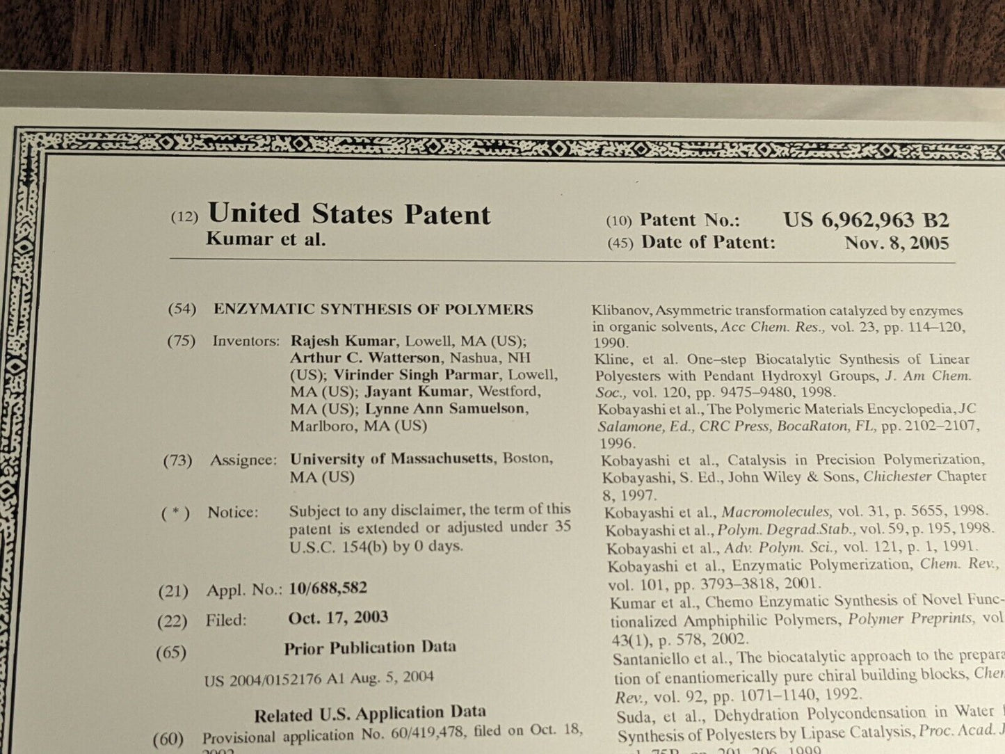 Framed Enzymatic Synthesis of Polymers United States Patent Kumar et al