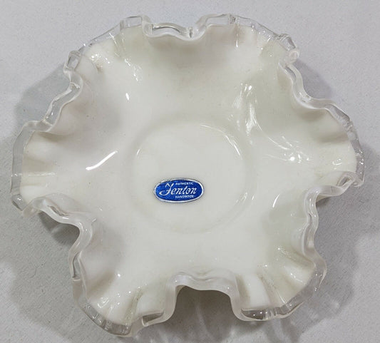 Authentic Fenton Hobnail Milk Glass Bowl Handmade Scalloped Edges Vintage