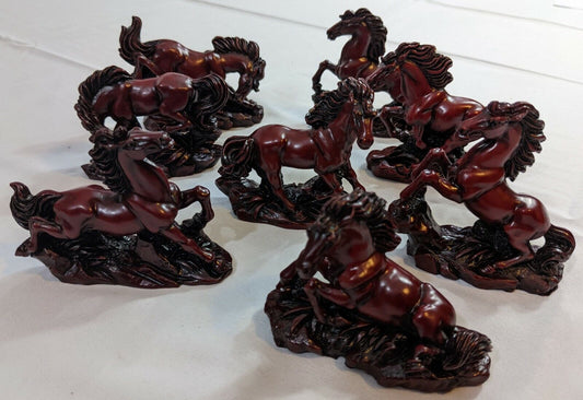 Vintage Red Resin Chinese Wood Horse Stallion Statues Set of 8