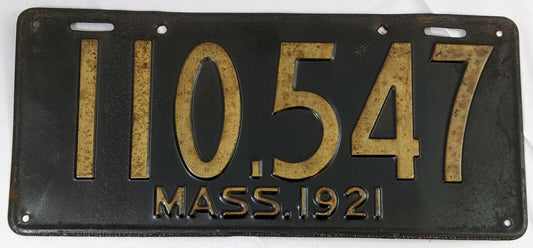 1921 Massachusetts Automobile License Plate Number 110.547 Collectible Vintage