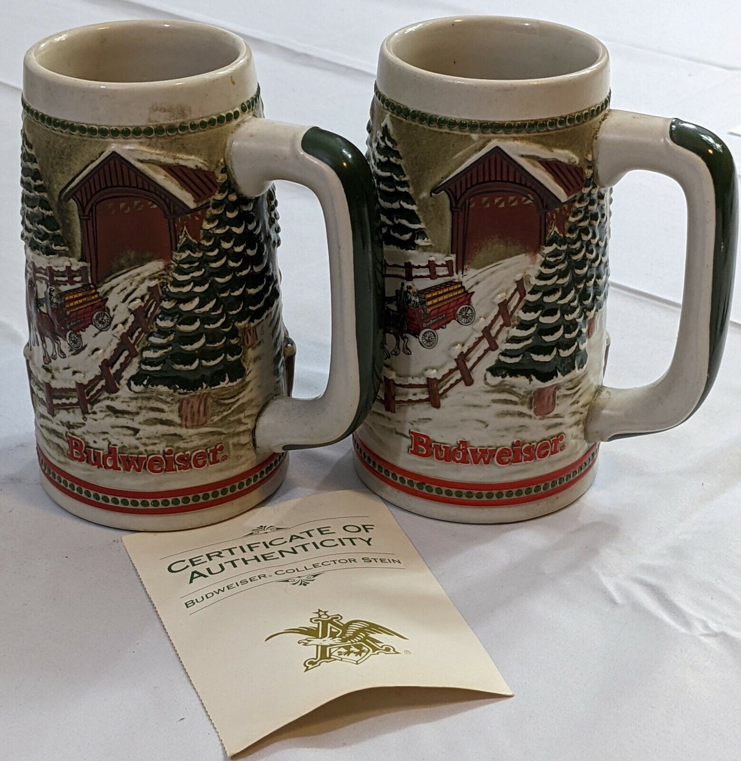 2-Piece 1984 Budweiser Holiday Stein Beer Mug w Certificate of Authenticity