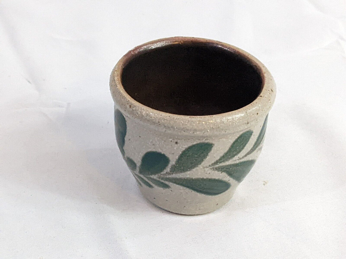 Vintage Pottery Stoneware Candle Holder Salt Glaze Kitchen Green Leaves Design