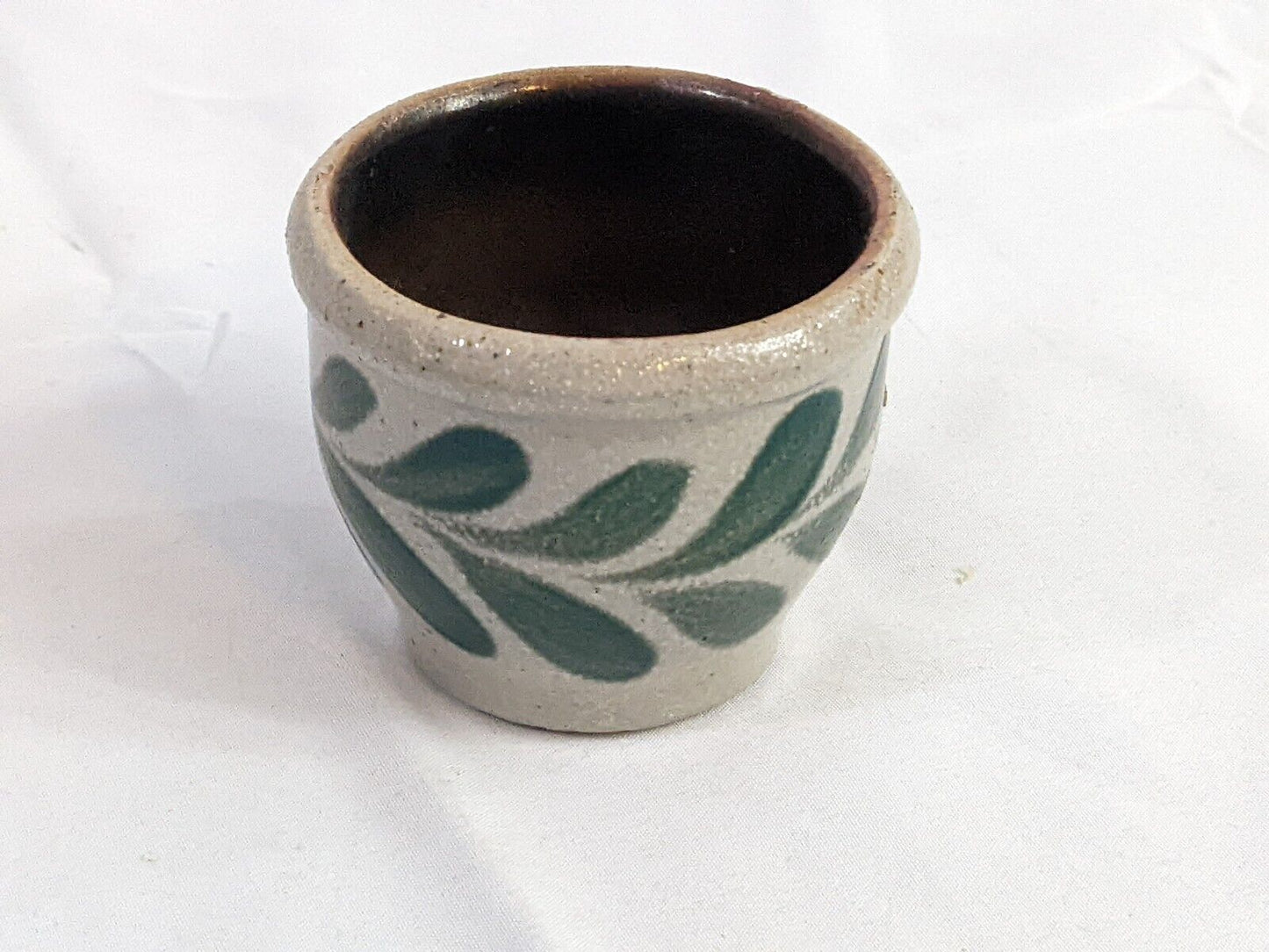 Vintage Pottery Stoneware Candle Holder Salt Glaze Kitchen Green Leaves Design