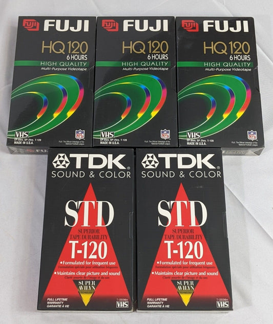 Lot of 5 VHS Blank Tapes! TDK Sound & Color STD T-120 Fuji HQ120 6-Hours Sealed