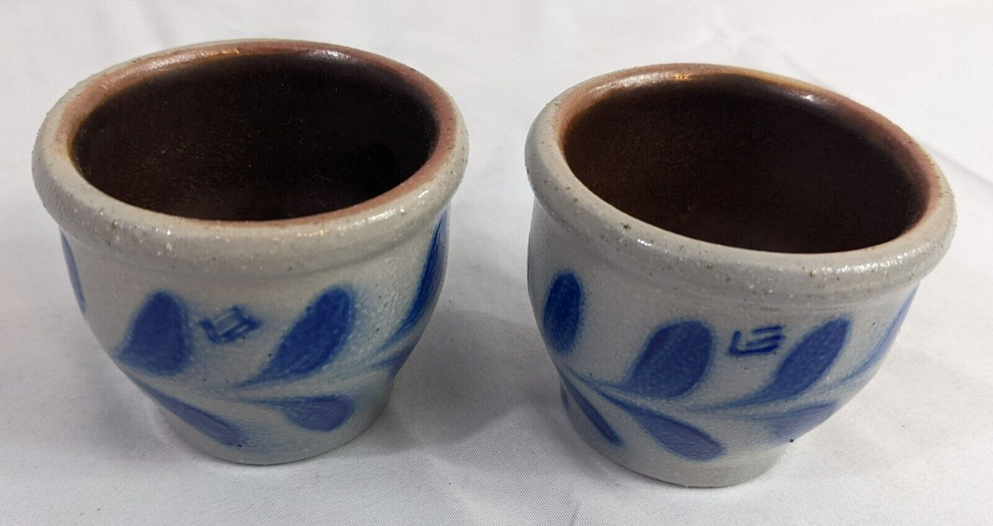 Lot of 2 Vintage Pottery Stoneware Candle Holder  Salt Glaze Blue Leaves Design