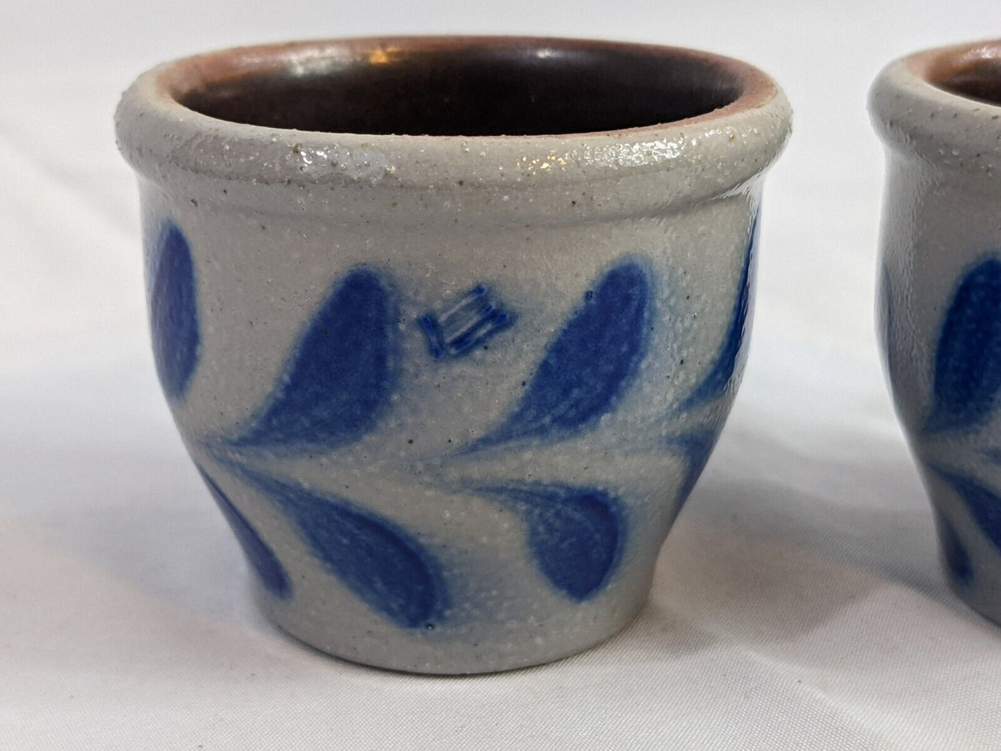 Lot of 2 Vintage Pottery Stoneware Candle Holder  Salt Glaze Blue Leaves Design