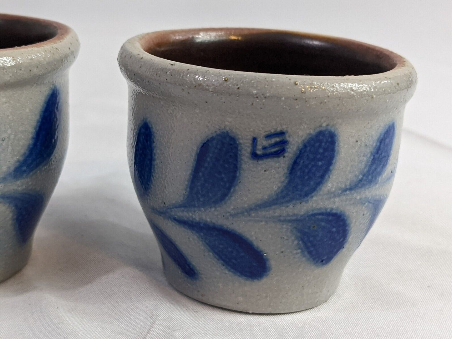 Lot of 2 Vintage Pottery Stoneware Candle Holder  Salt Glaze Blue Leaves Design