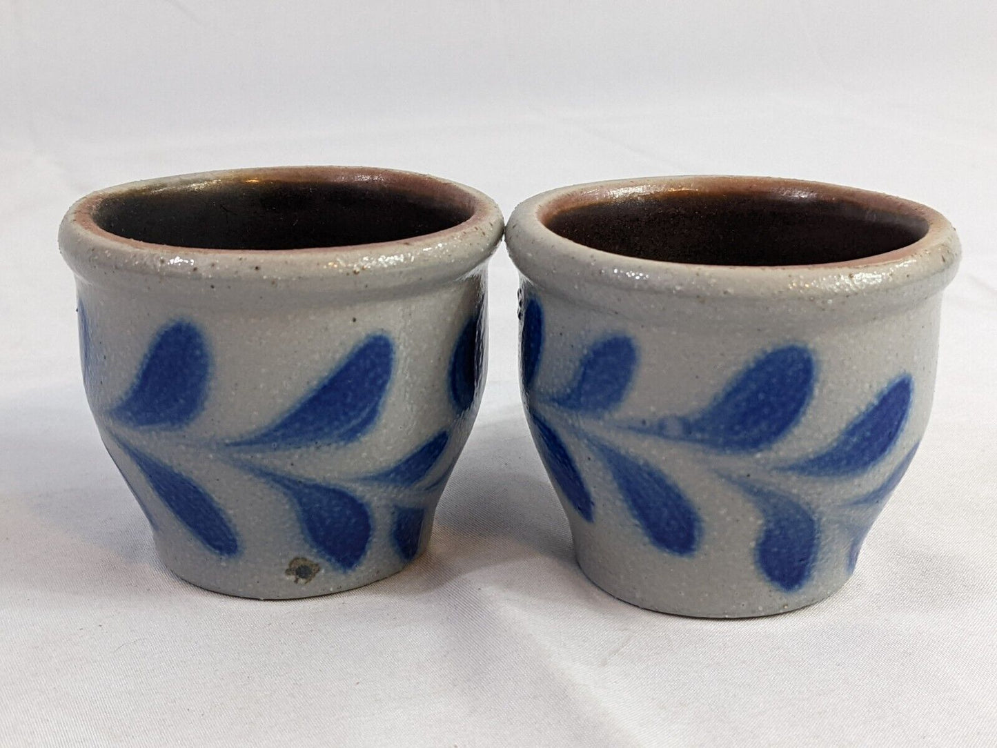 Lot of 2 Vintage Pottery Stoneware Candle Holder  Salt Glaze Blue Leaves Design