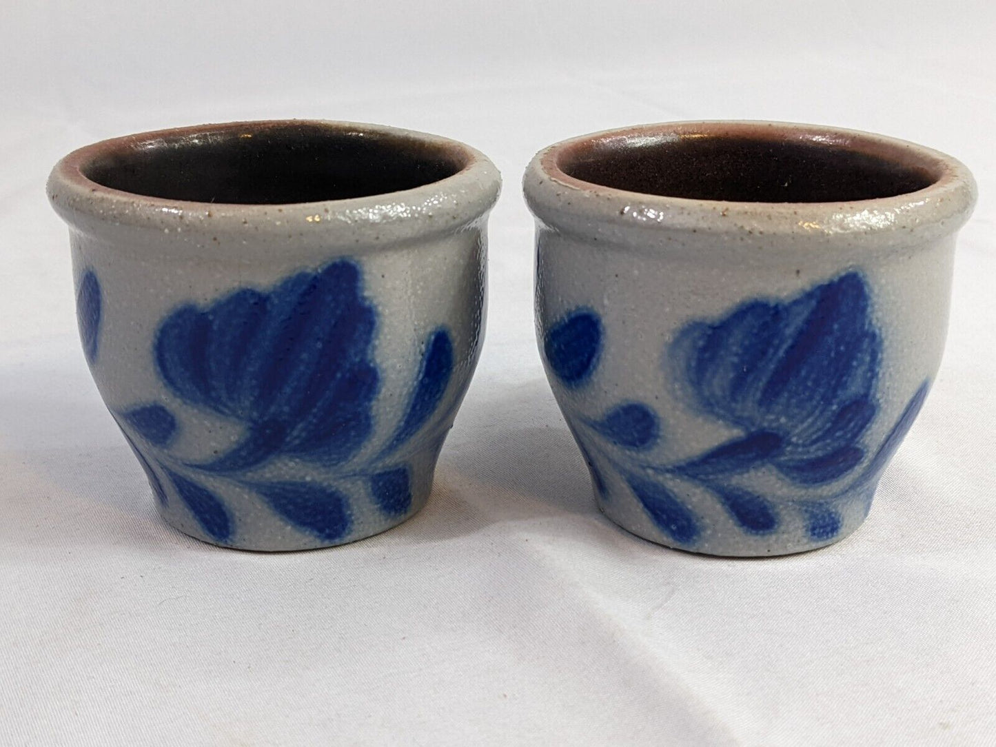 Lot of 2 Vintage Pottery Stoneware Candle Holder  Salt Glaze Blue Leaves Design