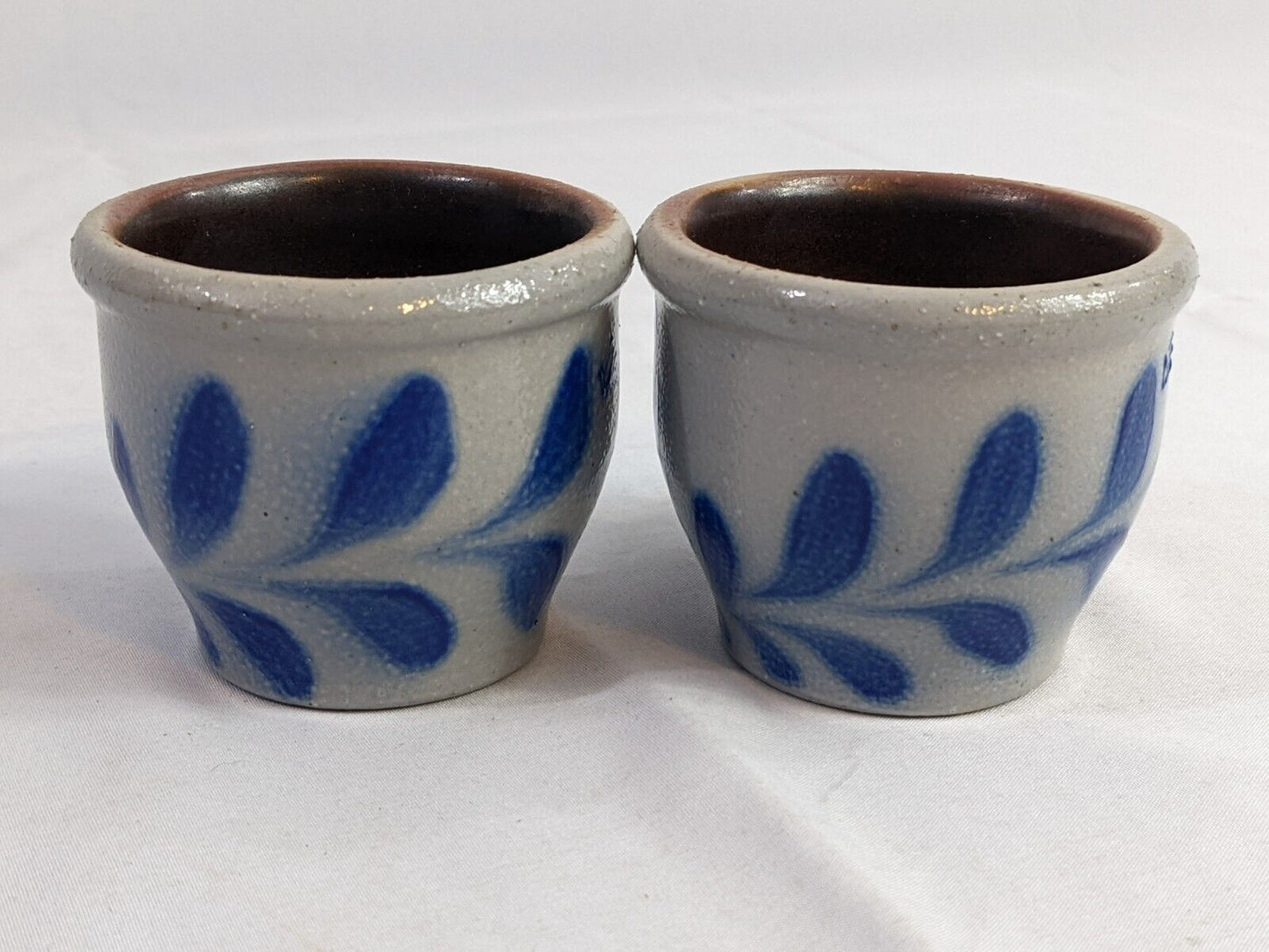 Lot of 2 Vintage Pottery Stoneware Candle Holder  Salt Glaze Blue Leaves Design