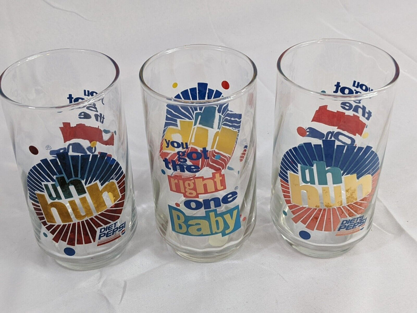 Lot of 3 Vintage Diet Pepsi Glass Clear Uh Huh! You Got The Right One Baby!