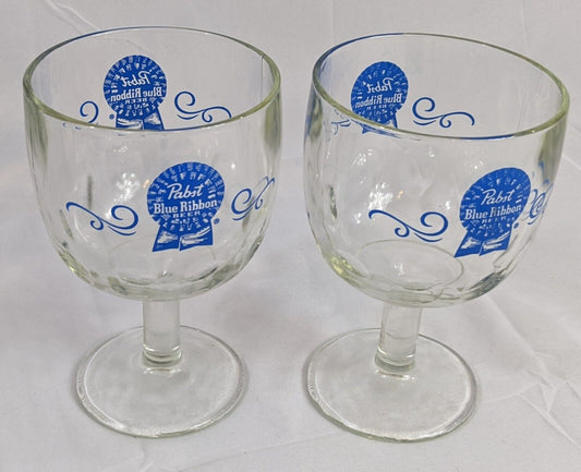 Lot of 2 Pabst Blue Ribbon Beer Glass Clear Goblet Vintage Drinkware