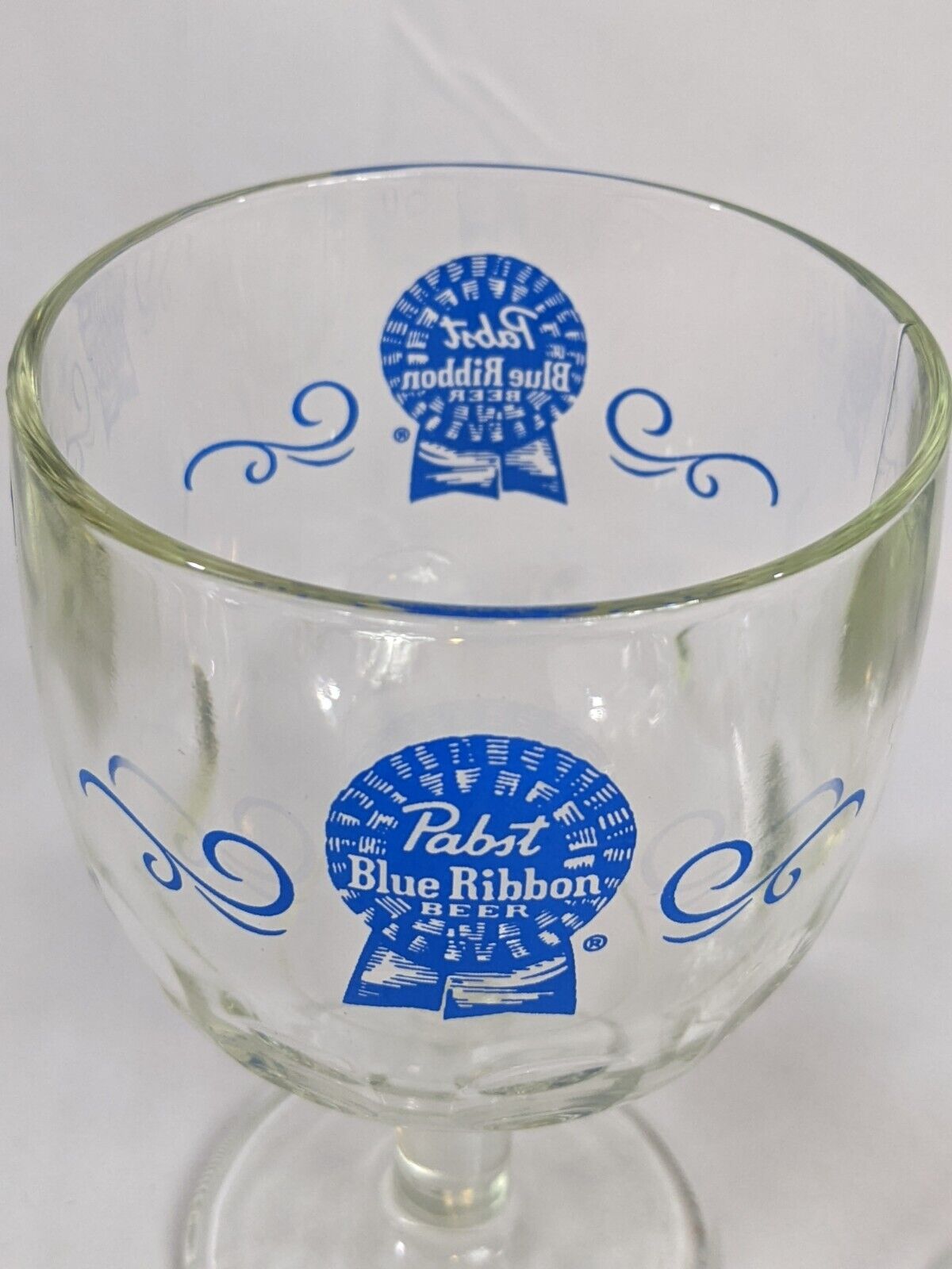 Lot of 2 Pabst Blue Ribbon Beer Glass Clear Goblet Vintage Drinkware