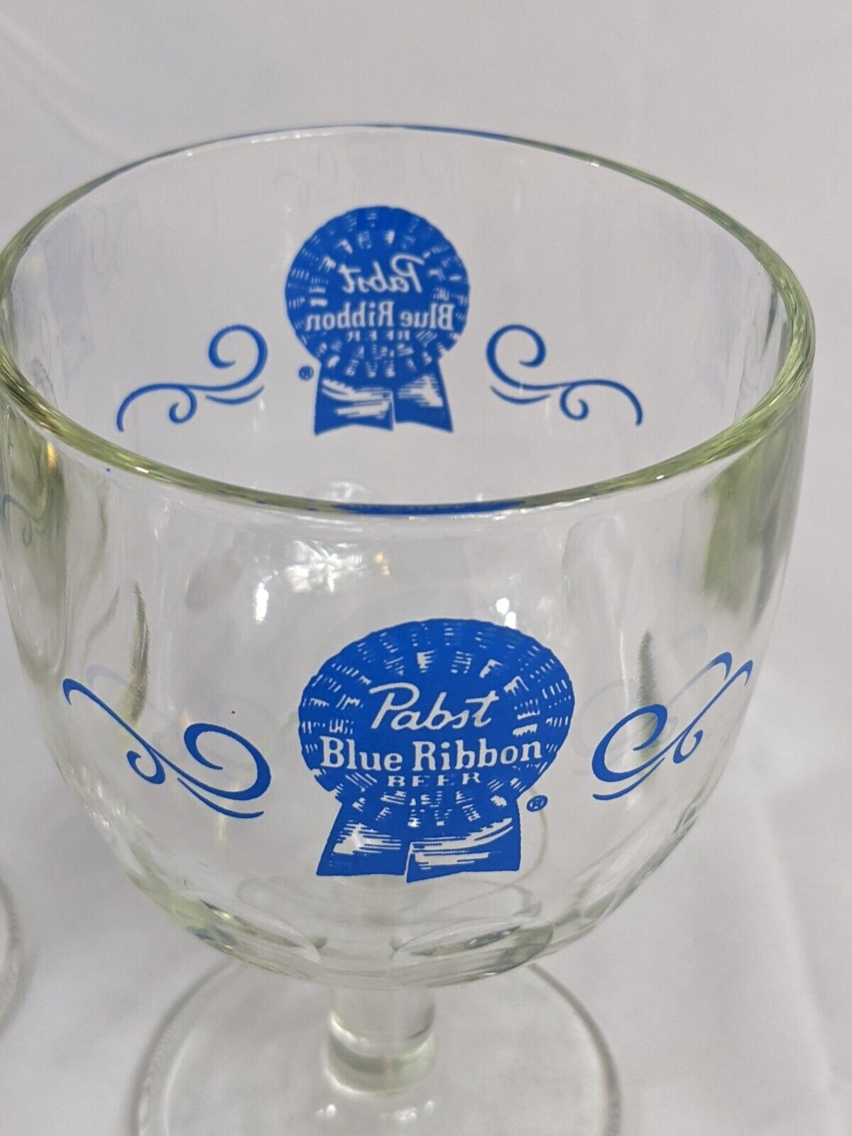 Lot of 2 Pabst Blue Ribbon Beer Glass Clear Goblet Vintage Drinkware