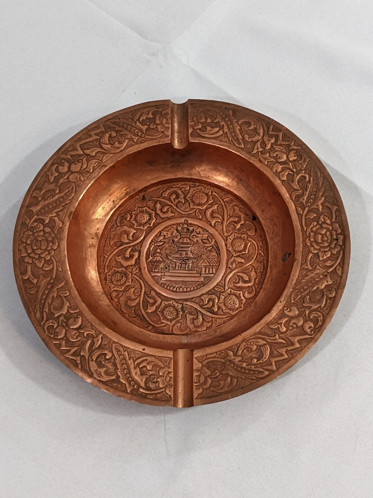 Vintage Round Ashtray Japanese Pagoda Tower Bronze