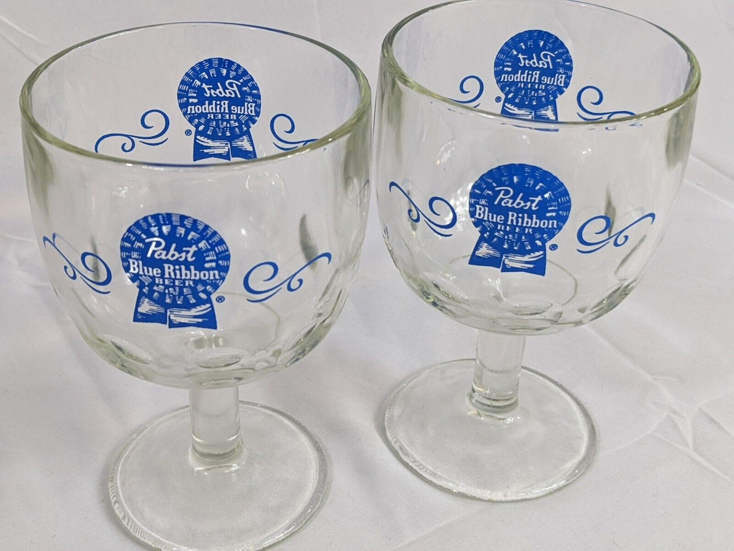 Lot of 2 Pabst Blue Ribbon Beer Glass Clear Goblet Vintage Drinkware