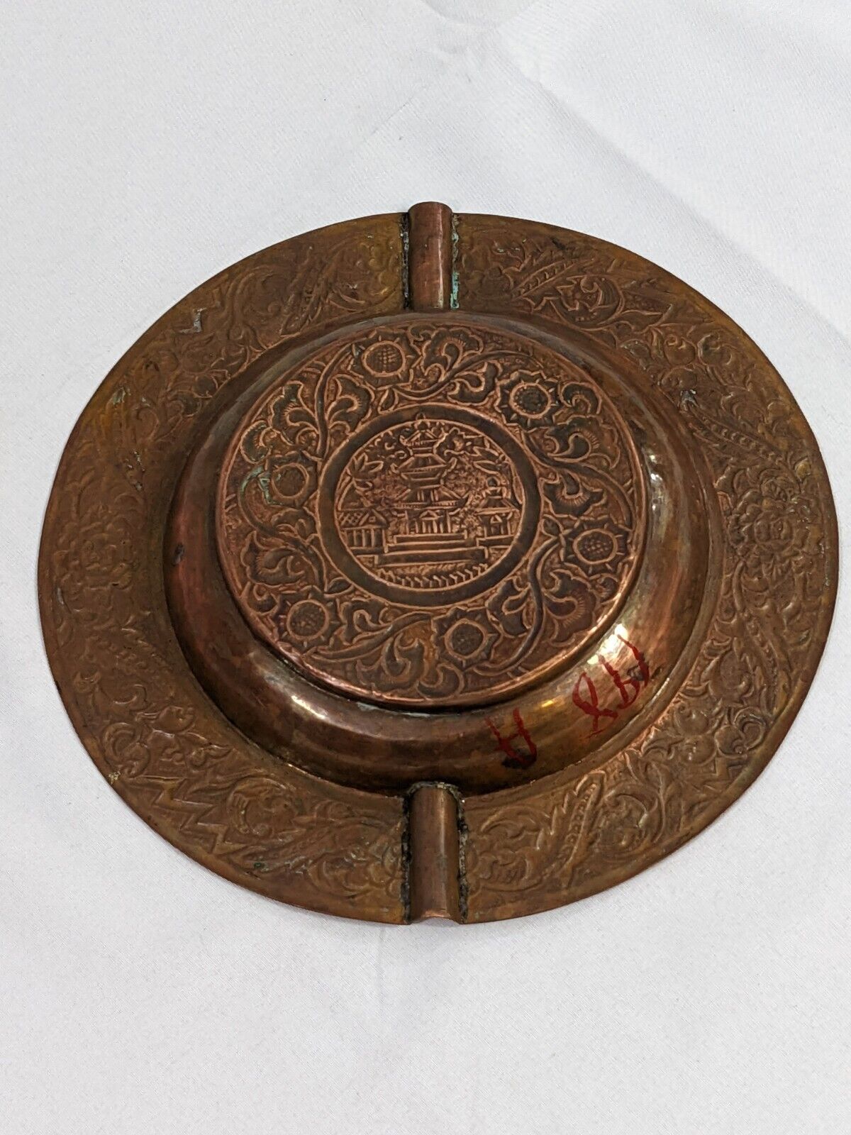 Vintage Round Ashtray Japanese Pagoda Tower Bronze