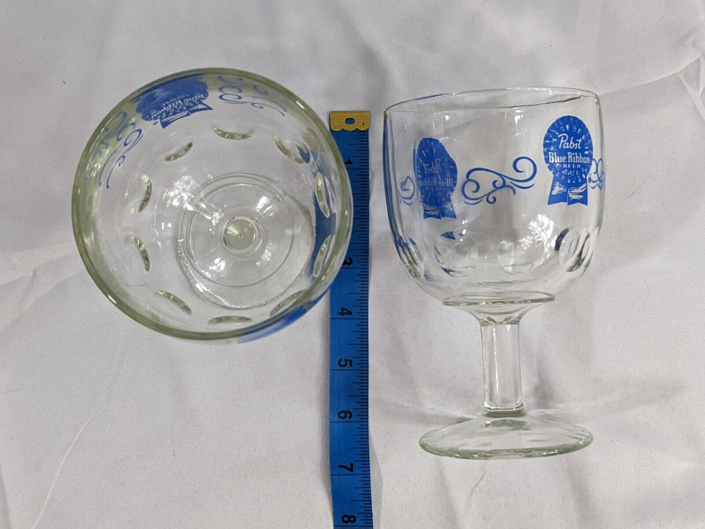 Lot of 2 Pabst Blue Ribbon Beer Glass Clear Goblet Vintage Drinkware