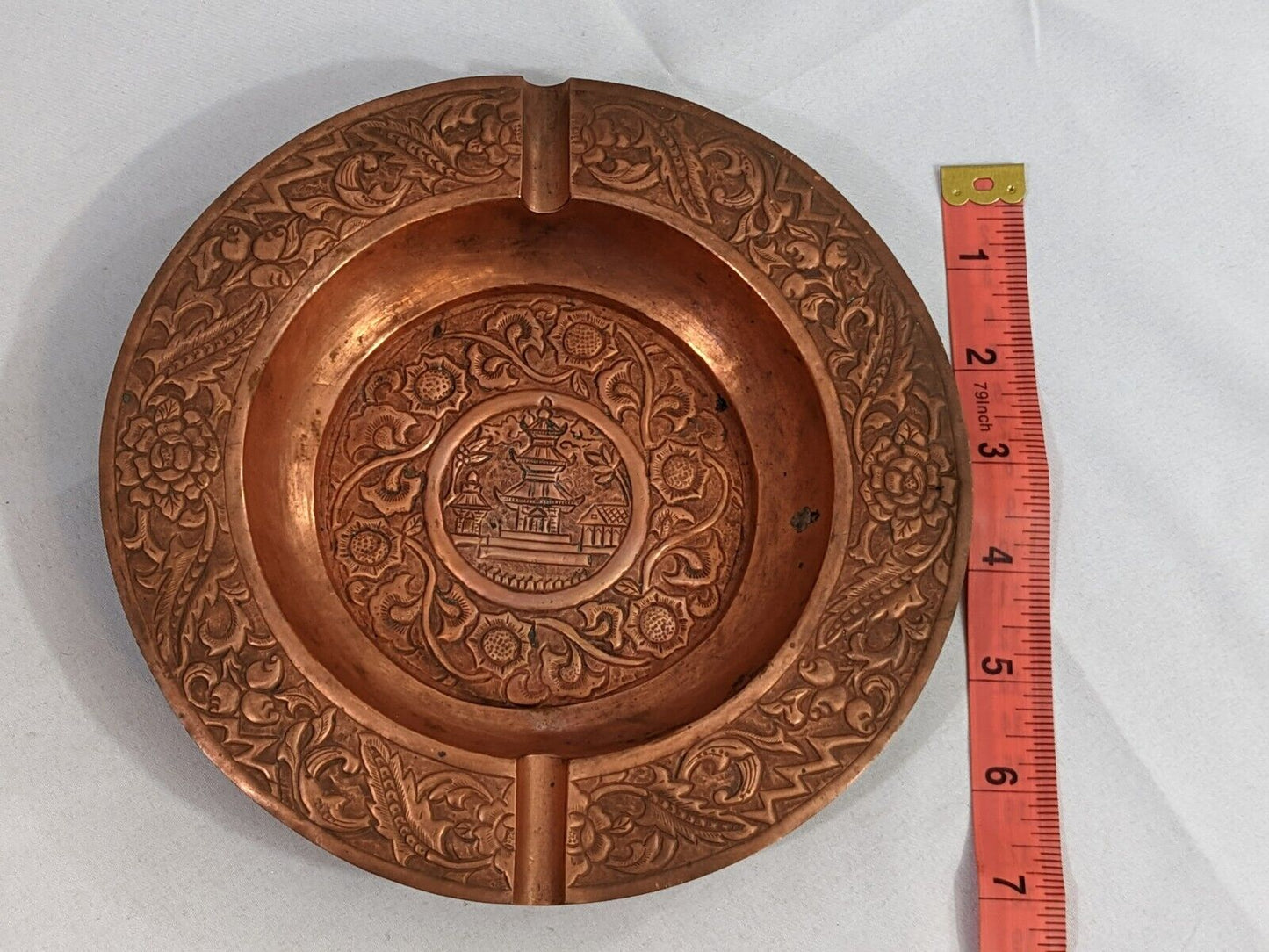 Vintage Round Ashtray Japanese Pagoda Tower Bronze