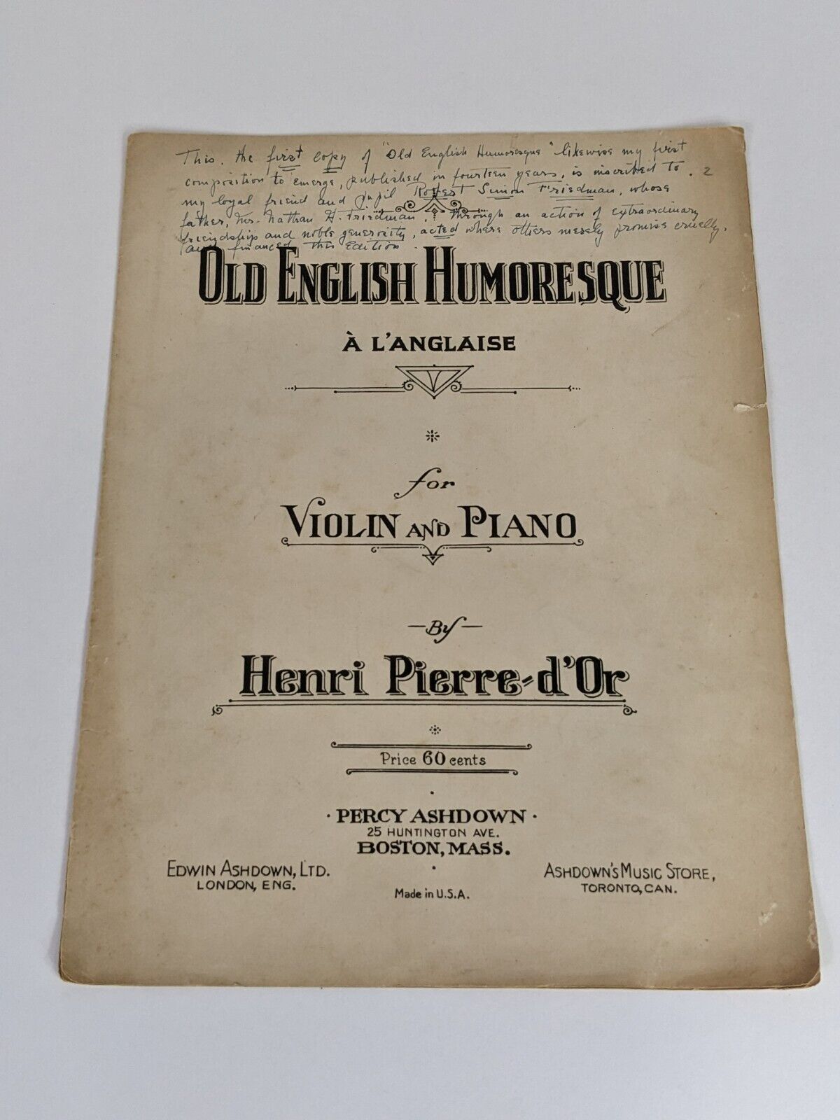 Old English Humoresque A L'Anglaise for Violin and Piano by Henri Pierre-d'Or