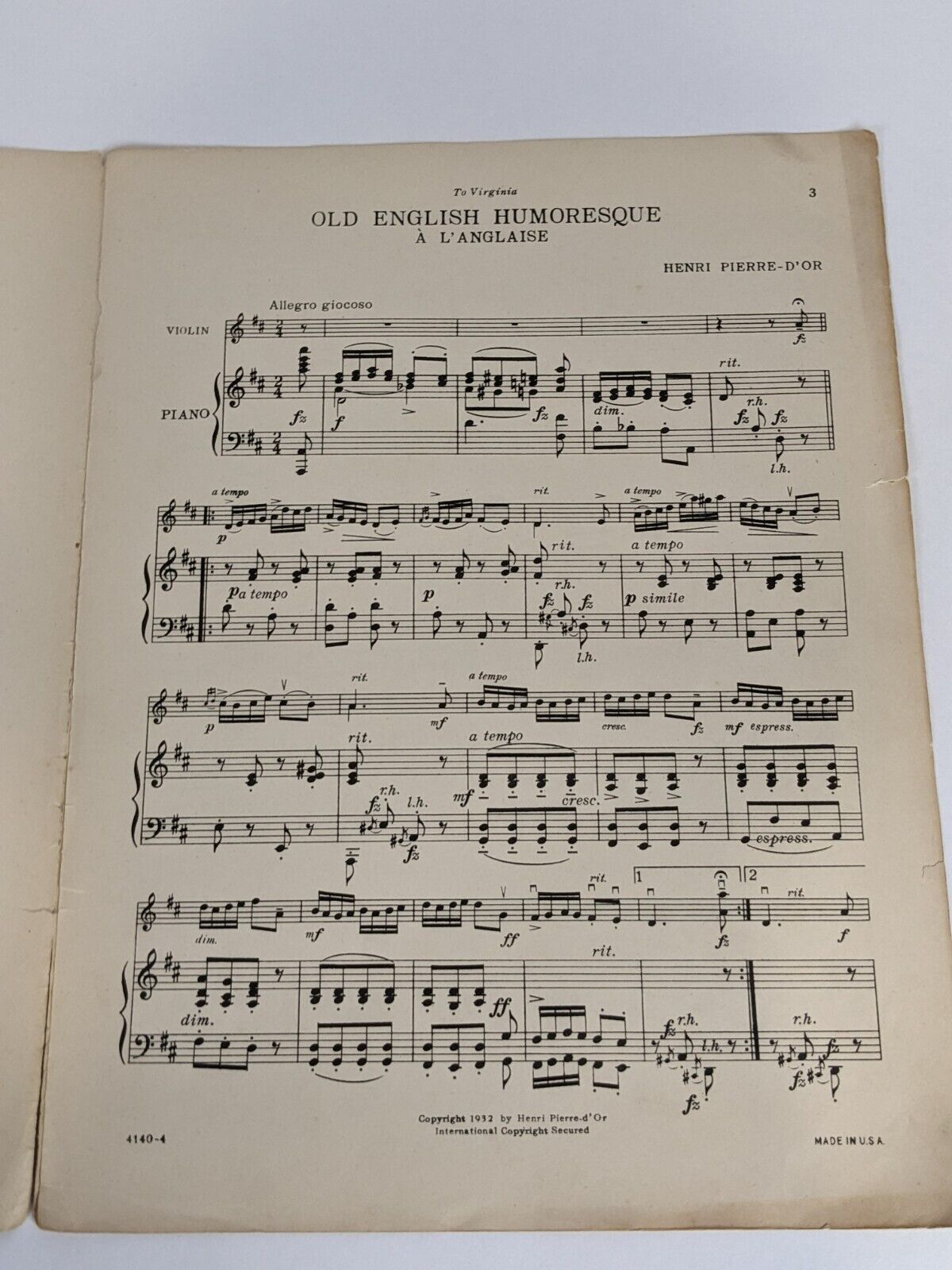 Old English Humoresque A L'Anglaise for Violin and Piano by Henri Pierre-d'Or