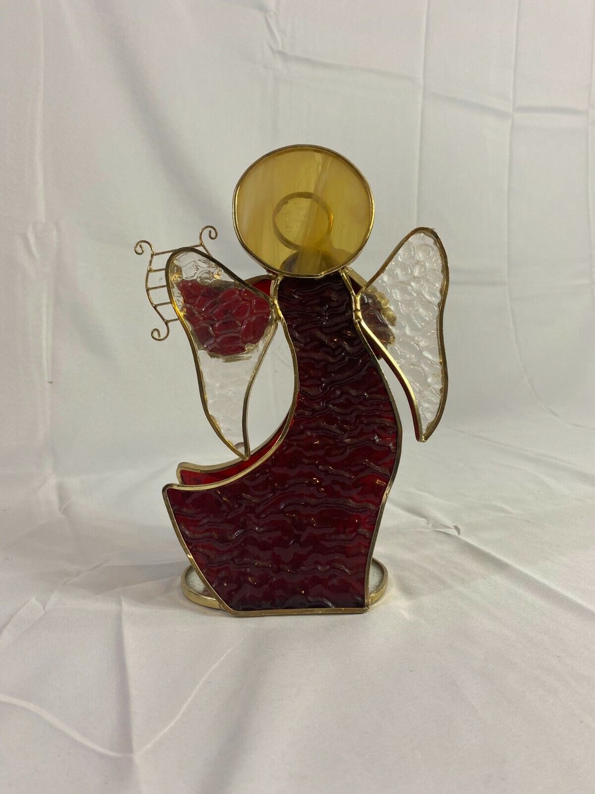 Angel Figure with Harp Ornament Home Display Decoration with Gold Trim