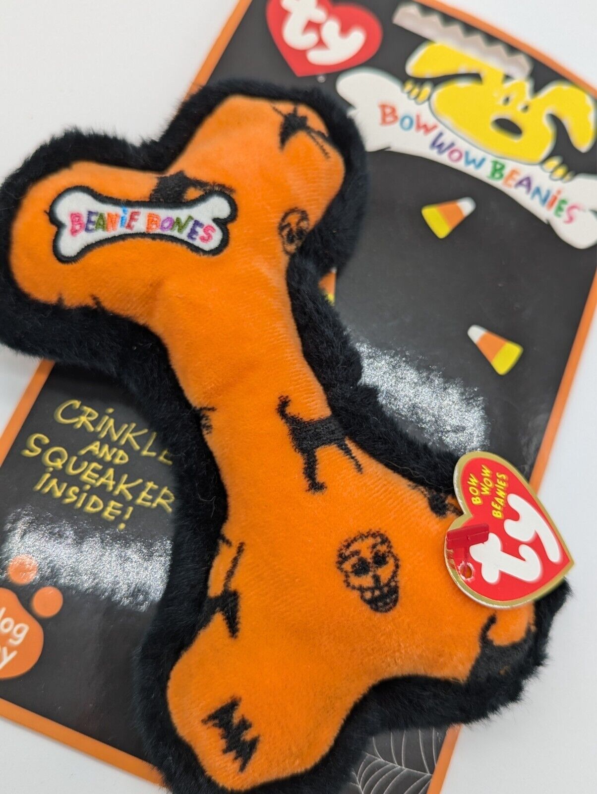 Ty Bow Wow Beanies Crinkle Squeaker Pet Dog Orange Halloween Beanie Bone Toy