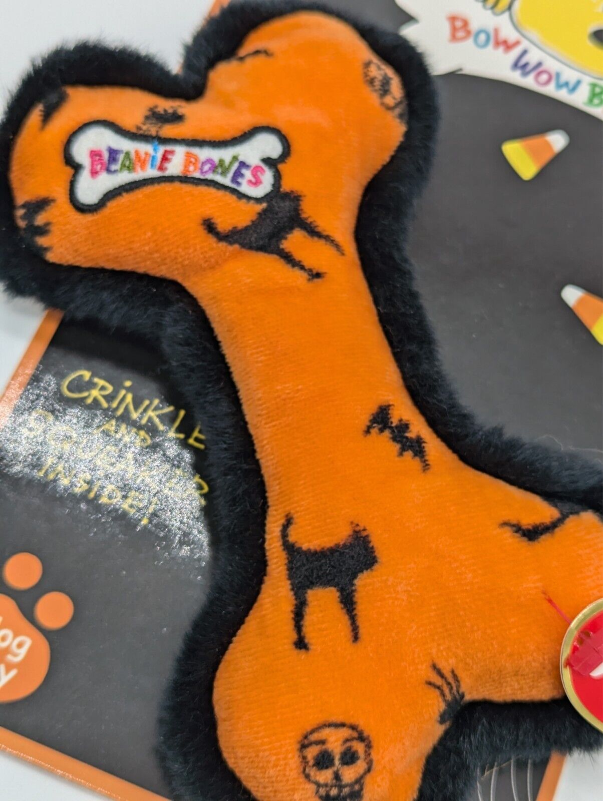 Ty Bow Wow Beanies Crinkle Squeaker Pet Dog Orange Halloween Bone Toy